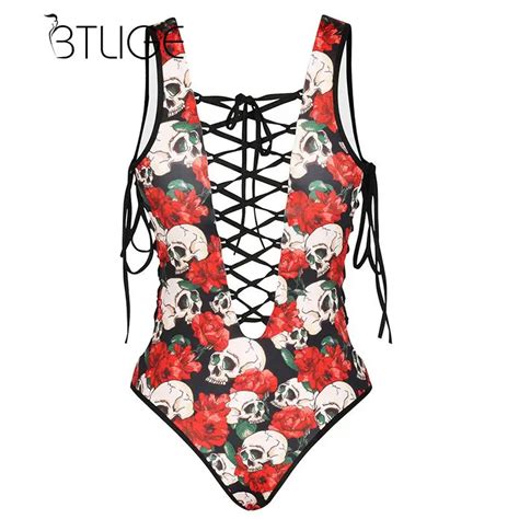 Btlige Xmas Ts Deep V Neck Sexy One Piece Swimsuits Women Skulls Printed Backless Bodysuit