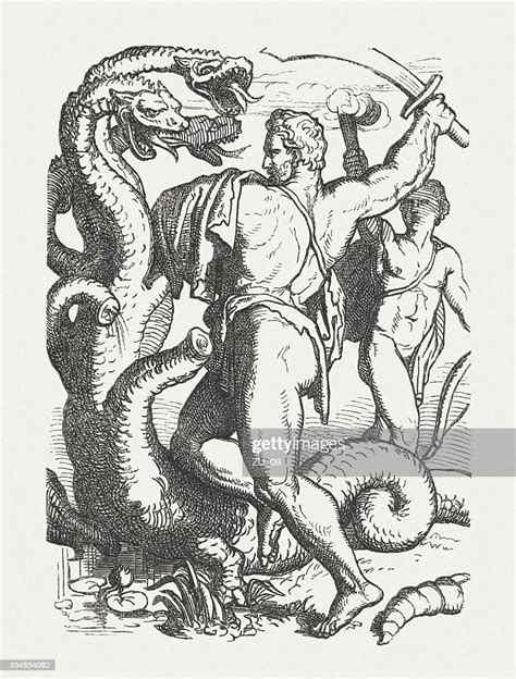 Hercules Slaying The Hydra Greek Mythology Wood Engraving Published 1880 High Res Vector Graphic