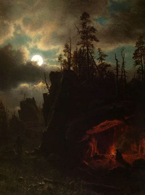 Albert Bierstadt The Trappers Camp 1861 Moonlight Painting