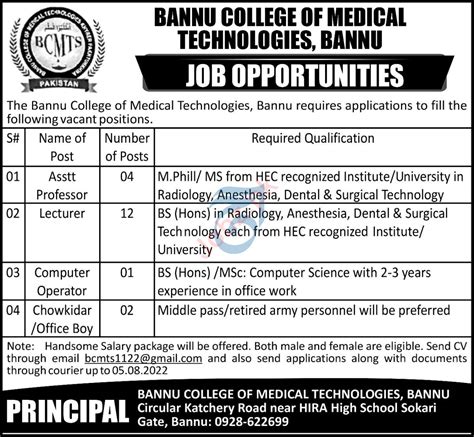 Bannu College Of Medical Technologies Faculty Jobs Job