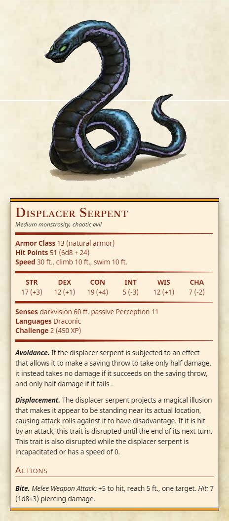Displacer Serpent Medium Monstrosity Chaotic Evil Armor Class 13