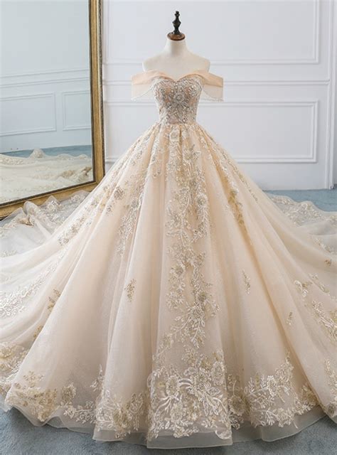 Champagne Ball Gown Tulle Lace Appliques Off The Shoulder Haute Couture