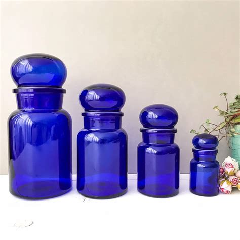 Vintage Apothecary Bottle Set Cobalt Blue Glass Pharmacy Jars Bubble Stopper Made In Belgium