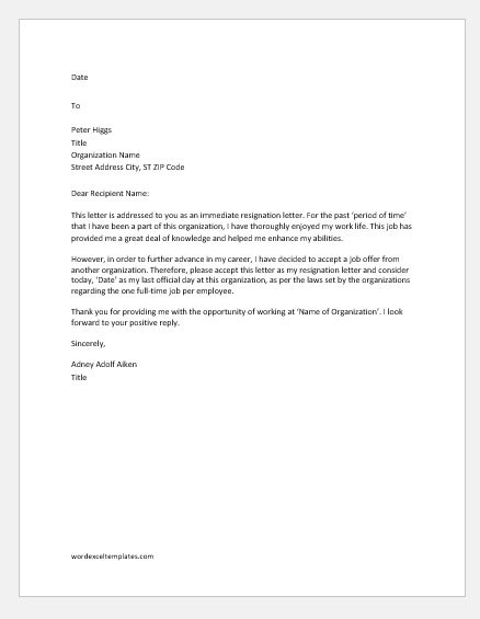 Immediate Resignation Letters For Various Reasons Word And Excel Templates