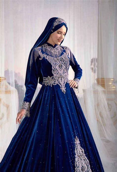 Dark Blue Long Sleeve Velvet Hijab Clothing Muslim Evening Ottoman