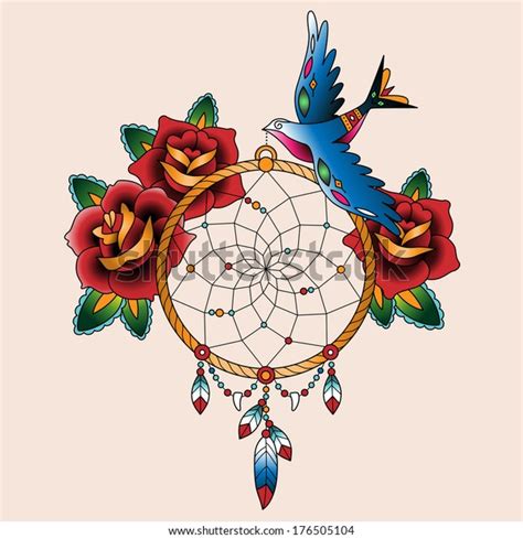 Traditional Tattoo Dream Catcher With Roses And Bird