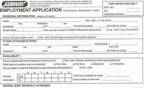 6 Best Images Of Subway Job Application Printable Printable Subway