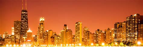 Chicago Skyline At Night Panoramic Photo In Orange Photograph By Paul