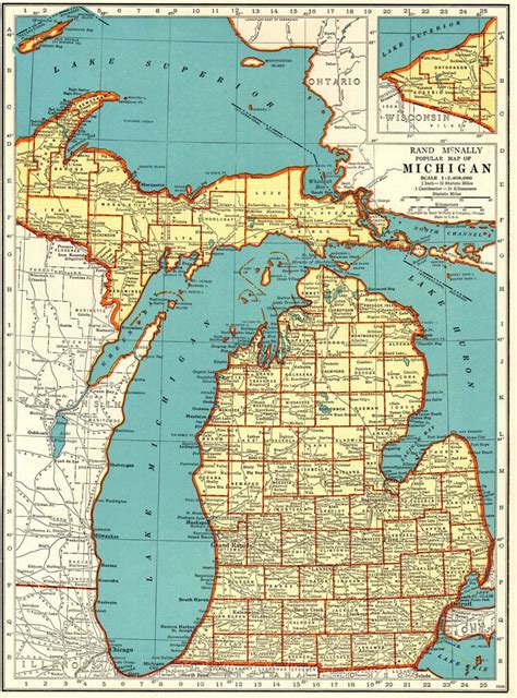 1940 Antique Michigan State Map Vintage Map Of Michigan Gallery Wall