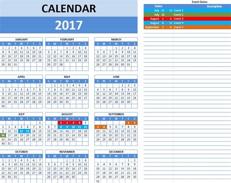 2017 Calendar Template Excel Templates Excel Spreadsheets Excel