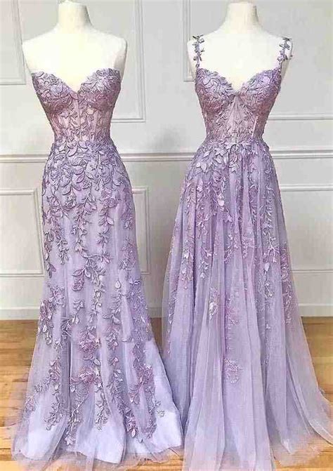A Line Sweetheart Spaghetti Straps Sweep Train Lace Prom Dress With Beading Prom Dresses Stacees