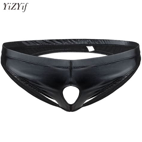 Yizyif Men Sexy Underwear Thongs Shiny Easily Gay Patent Leather Bikini Briefs Jockstrap Erotic