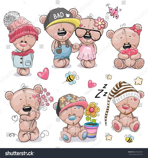 Set Cute Cartoon Teddy Bear On Stock Vector 628526891