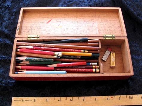 Old Pencil Box Full Of Vintage Wood Pencils Games Score Cards School