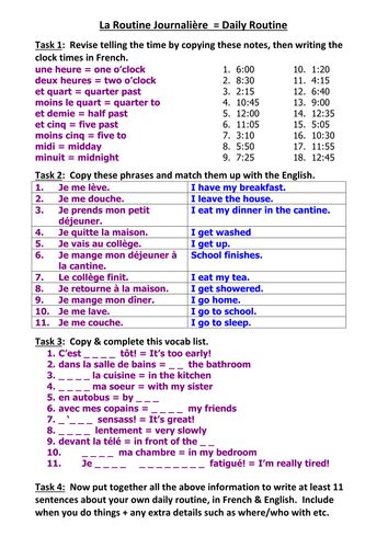 French Worksheet About Daily Routine Including Time Teaching Resources