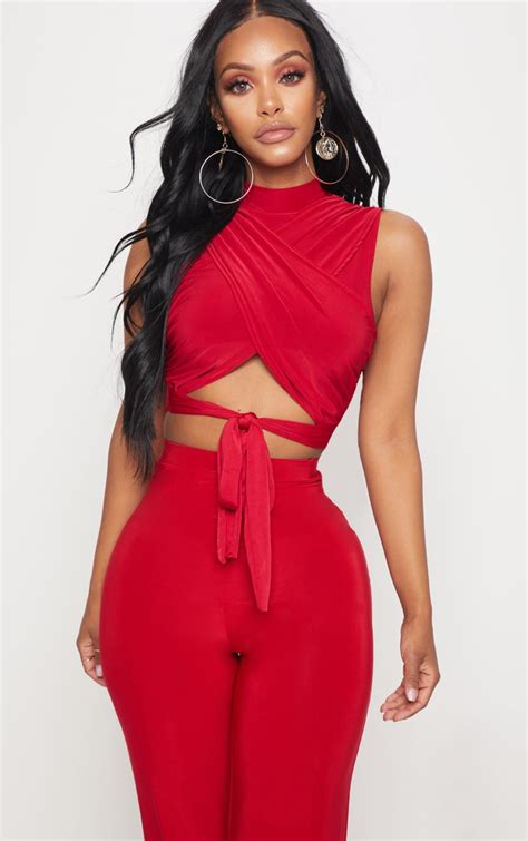 shape red wrap detail high neck crop top prettylittlething usa