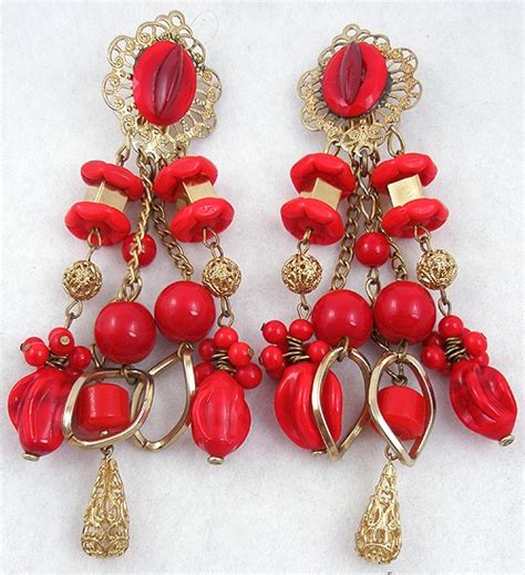 Gold Filigree Red Glass Bead Chandelier Earrings Garden Party