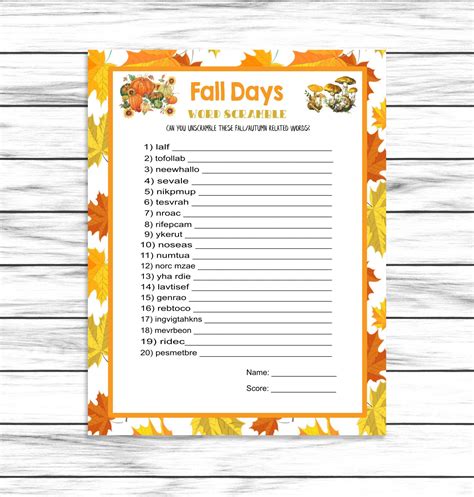 Fall Party Autumn Word Scramble Game Printable Kids Activity Sheet