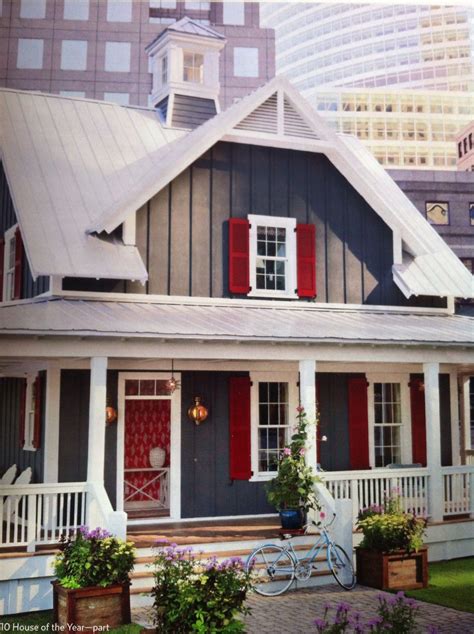Gray Batten Board Siding White Trim And Red Shutters