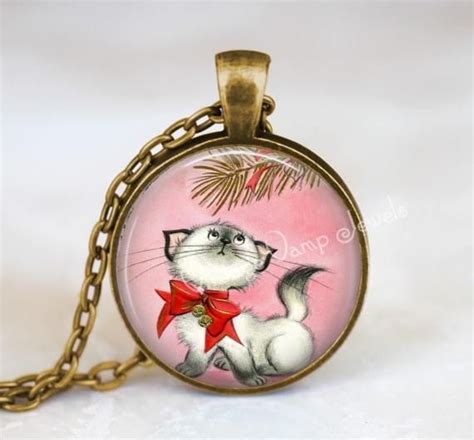 Christmas Kitten Necklace Pendant Jewelry Vintage Christmas Cat Retro