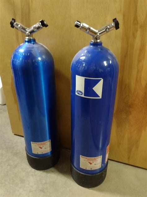 Pair Of Two Blue Luxfer Brand Scuba Dive Gas Tanks With Double Head Valves