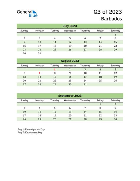 Q3 2023 Quarterly Calendar With Barbados Holidays