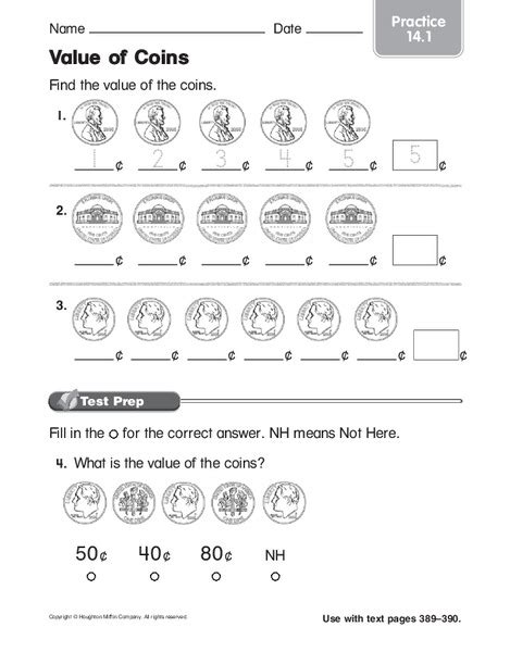 Value of coins worksheet for 1st