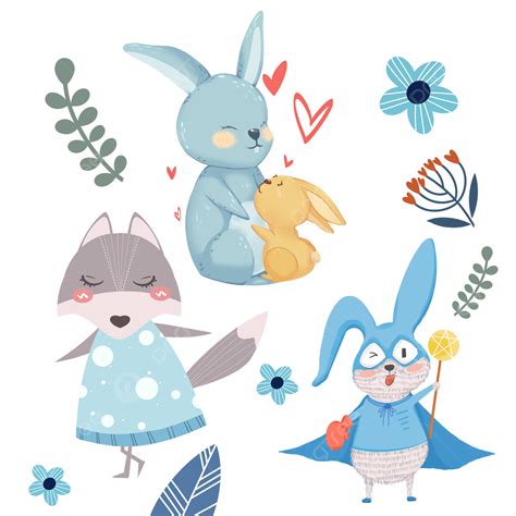 Spring Forest Animal Cartoon Combination Blue Rabbit Spring Forest