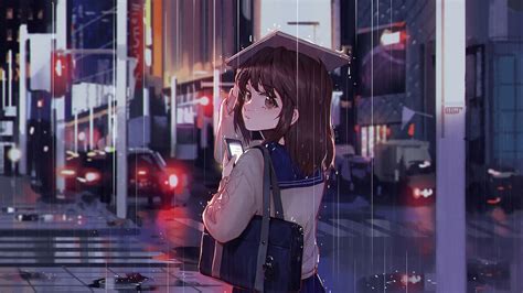 Anime School Girl Raining Pc Desktop 4k Wallpaper Free Download