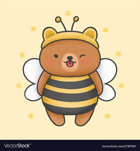 Cute Bear Costume Bee Cartoon Hand Drawn Style Vector Image