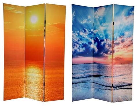 Double Sided 6 Ft Tall Sunrise Canvas Privacy Screen 3 Panels Beach