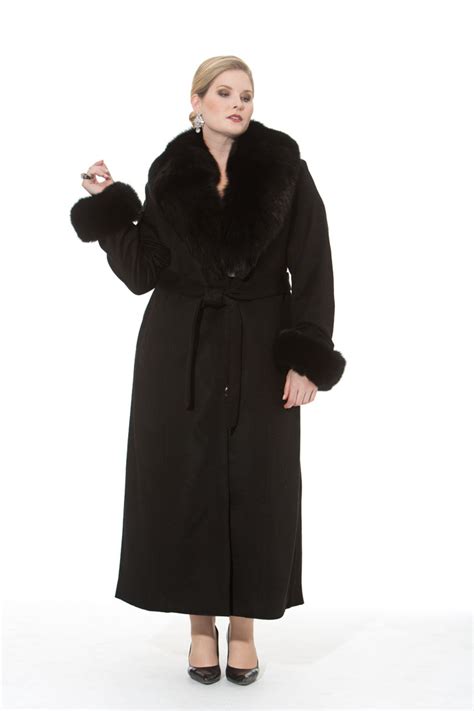 Fox Fur Trimmed Collar And Cuffs Full Length Long Cashmere Coat Plus