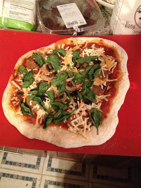 My Vegan Pizza Daiya Cheese Spinach Mushroom Black Olives And Tempeh Pizza