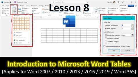 Introduction To Word Tables Microsoft Word 2016 Tutorial Youtube