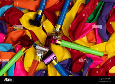Birthday Party Whistles And Colorful Deflated Balloons Colorful