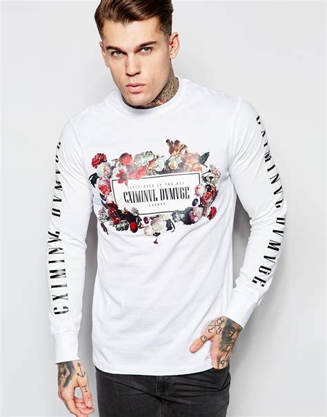 Criminal Damage Long Sleeve T Shirt With Floral Logo And Sleeve Print