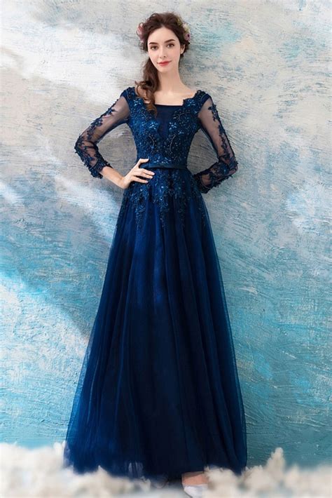 Dark Navy Blue Beaded Lace Long Prom Dress Tulle With Long Sleeves Wholesale T69298