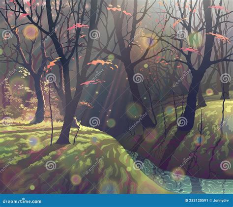 Autumn Magic Forest Landscape With River Fantasy Sunlight Colorful