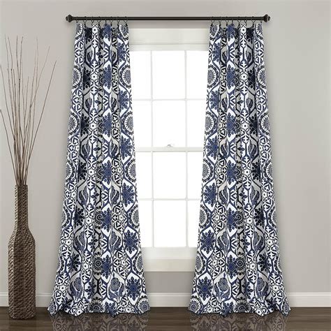 Contemporary Navy Blue White Floral Medallion Curtains Set Panels