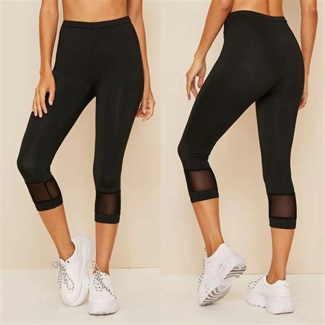 Sexy Mesh Splice Fitness Legging Women Mid Calf Short Pencil Pants High Waist Workout Legging