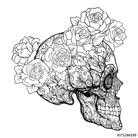 Your browser does not support the video tag. "Sugar skull with decorative pattern and a wreath of red ...