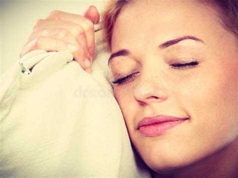 Happy Sleepy Woman Holding Cozy Pillow Stock Photo Image Of
