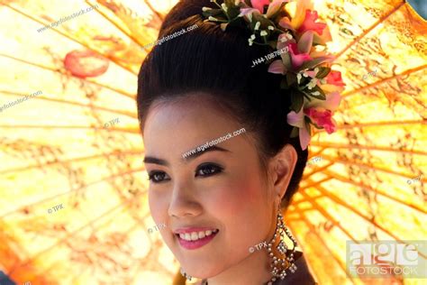 Thailand Chiang Mai Chiang Mai Flower Festival Beauty Queen In Traditional Thai Costume