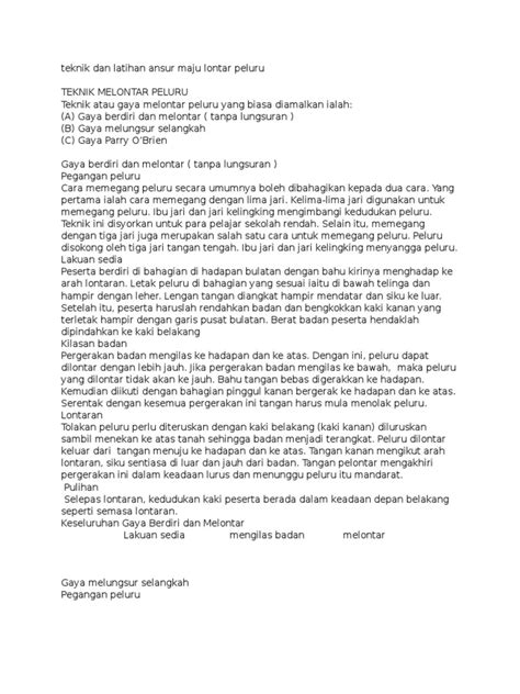 Peluru diperbuat daripada besi padu atau tembaga. Teknik Dan Latihan Ansur Maju Lontar Peluru