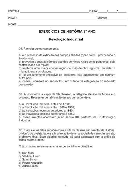 Questões Sobre A Revolução Industrial