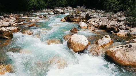 Mountain River Landscape Of Nature Pure Clear Water Moves Among Large