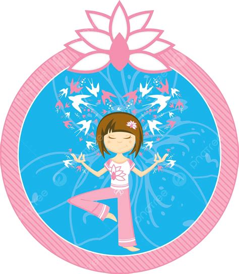 Cartoon Yoga Girl With Swallows Girl Yoga Meditating Vector Girl Yoga