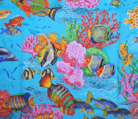 Tropical Coral Reef Themed Cotton Fabric By Vintageinspiration