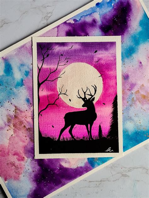 Deer Painting Watercolour Animal Painting Moon Painting Etsy