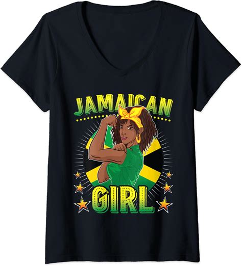 Womens Jamaican Girl Queen Empress Rastafari Reggae Jamaica Flag V Neck T Shirt
